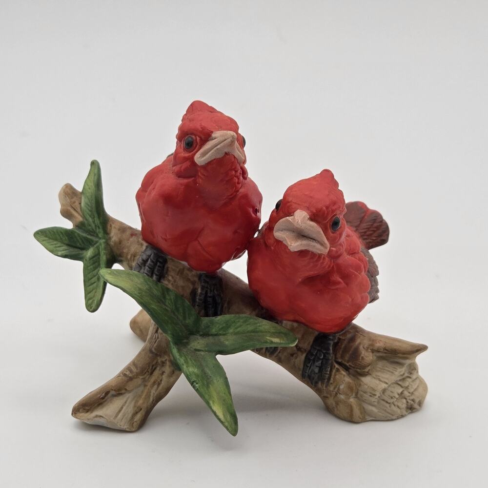 Two Red Cardinals Perched On A Tree Branch Figurine Adorable Baby Cardinal